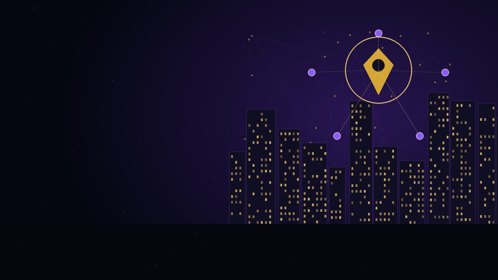 A Bengaluru-style skyline at night beneath a gold PIN marker connected to a glowing network